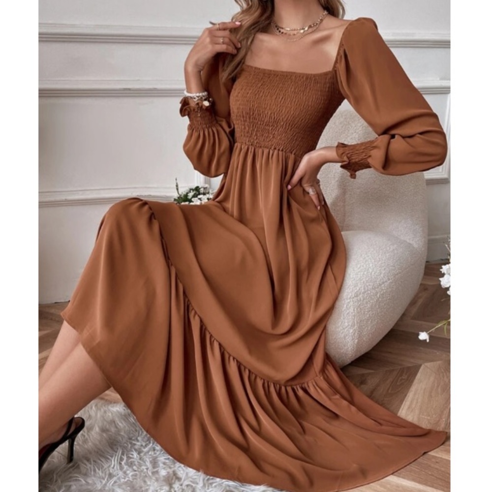 Boho brown shirted ruffle hem flounce sleeve maxi dress - Picture 1 of 14